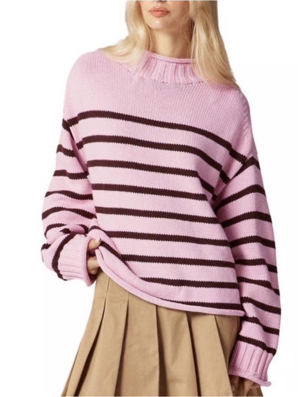 J. Crew Roll Neck Pink and Brown Striped Sweater